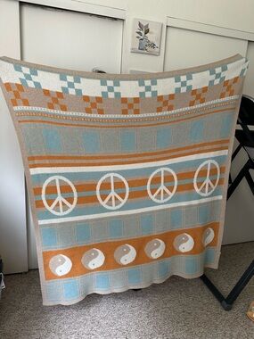 Urban Outfitters Blue, Orange & White Patterned Knit Throw Blanket